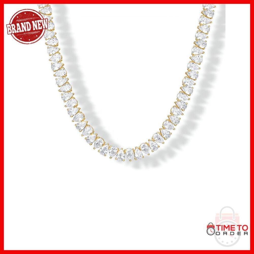14K Gold Plated Tennis Necklace Pear CZ Stones Choker 18"